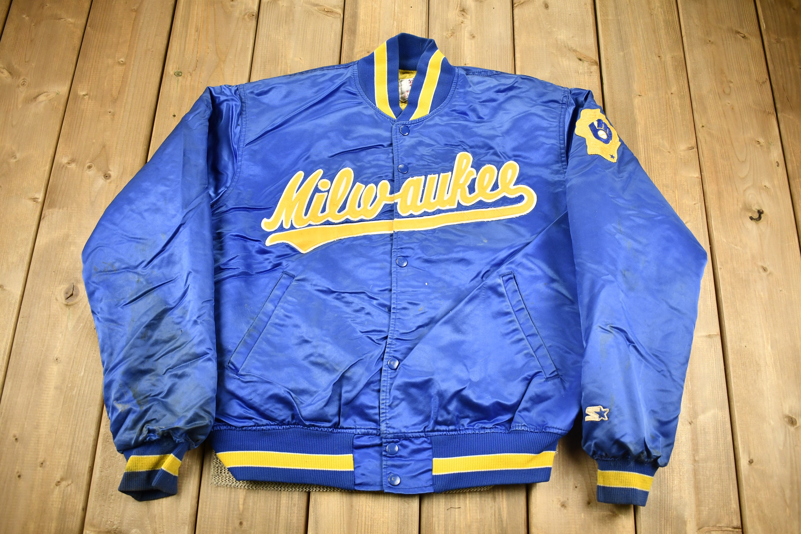 Vintage 1990s Milwaukee Brewers MLB Starter Diamond Collection Satin Bomber Jacket / Embroidered / Made in USA / Patchwork / Snap Button