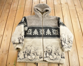 Vintage 1990s Polar Bear Theme All Over Print Fleece Jacket / All Over Pattern / Outdoorsman / NY Classics / Size Large
