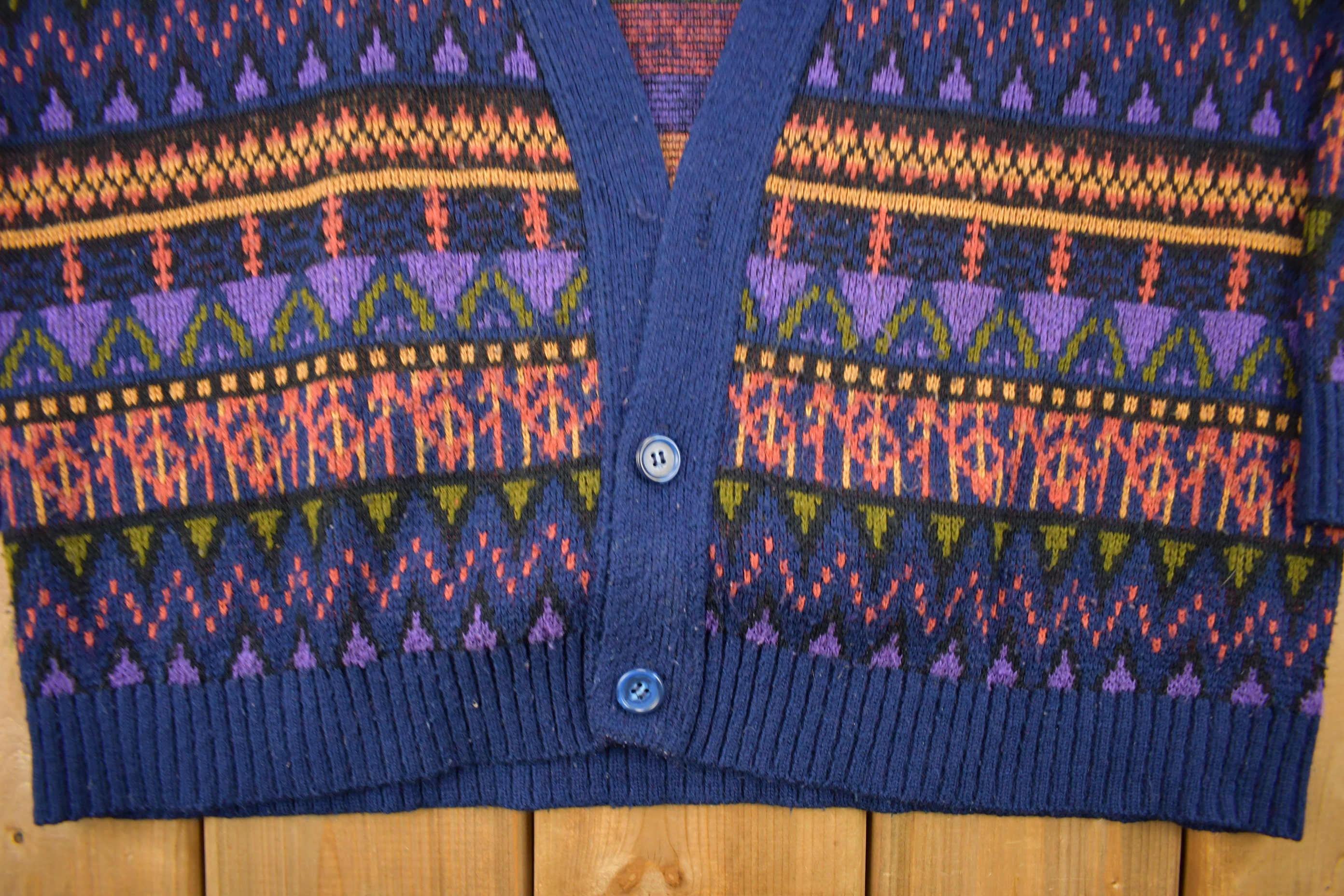 Vintage 1990s 100% Acrylic Colorful Knitted Cardigan Sweater 