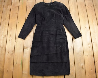 Vintage 1980s Black Suede Long Sleeve Dress / Layered Dress / 80s Dress / Suede Dress / Retro Womenswear / Carolyne Barlon / Cute Dress