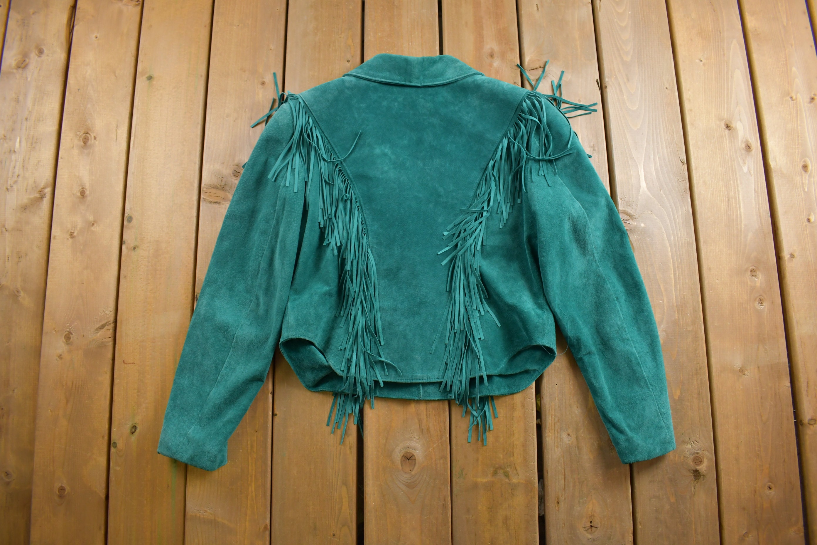 Vintage 1980s Teal Suede Fringe Jacket / Leather Jacket
