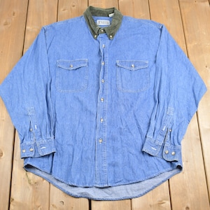 Vintage 1990s Falls Creek Corduroy Collar Denim Button Up Shirt / 1990s Button Up / Vintage Flannel / Basic Button Up
