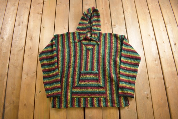 Vintage 1990s Baja Hooded Pullover Striped Knit P… - image 1
