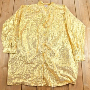 Vintage 1990s Naqui Gold Metallic Button Up Shirt Dress / Gold Plaid Pattern / Casual Shirt / Formal Shirt / Oversize / Shirt Dress /