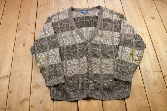 Vintage 1990s Town Craft Knitted Plaid Cardigan Sweater / Vintage Cardigan / Button Up / Abstract Pattern / Vintage Town Craft Knit