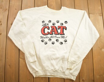 Vintage 1990s Funny Cat Themed Crewneck Sweatshirt / 90s Crewneck / Made In USA / Streetwear / Vintage Animal Sweater / Comedic Sweater