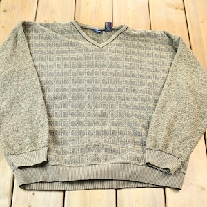 Vintage 1990s Beige Jantzen Signature Knit Abstract Pattern V-Neck Sweater / 90s V-Neck / Size XL / Boxy Fit