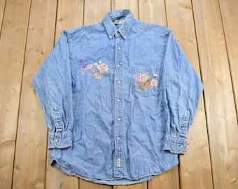Vintage 1990s Kaktus Hemd mit Knöpfen / Blumen / Schmetterling / Freizeitkleidung / Streetwear / Jeanshemd / 90er Jahre Hemd