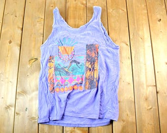 Vintage 1990s Summer Swell Neon Surfing Tank Top Herren L / Made In USA / Vintage Surfen Urlaub T-Shirt / Seltenes Ziel Tee / Sommer Tank
