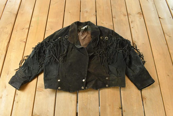 Vintage 1970s Sky Blue Waters Leather Suede Western Fringe Jacket Women's Large / Fall Outerwear Leather Coat / Black Jacket / Tassles
