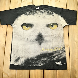 Vintage 1990s Snowy Owl All Over Print Graphic T-Shirt / Single Stitch / Girardin / Outdoorsman / Owl Tee / Made In USA / AOP