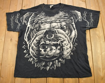 Vintage 1996 Bulldog All Over Print Liquid Blue Graphic T Shirt