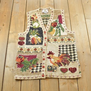 Vintage 2000 Tiara International Thanksgiving Theme Embroidered Knit Sweater Vest Mens M / Fall Sweater / Patchwork / Y2K / 00s Streetwear