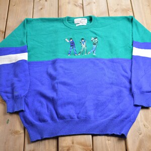 Vintage 1990s Pringle Knitted Golf Theme Crewneck Sweater / Vintage 90s Crewneck / Color Block / Colorful / Sweatshirt / Abstract Pattern