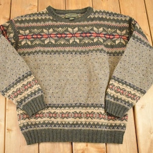 Vintage 1990s Croft And Barrow Wool Knit Crewneck Sweater Men's S / Abstract Pattern 3D Knitted Sweatshirt