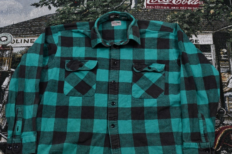 Vintage Pine Grove Button Up Shirt Plaid Pattern Print Outdoors /& Wilderness Fall Winter Casual Wear Workwear Streetwear