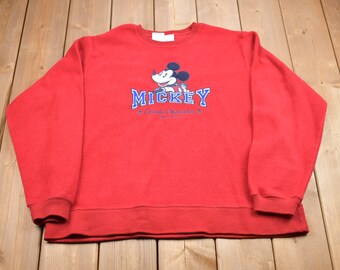 Vintage 1990s Mickey Mouse Disney Embroidered Crewneck / Red Fleece Sweatshirt / 90s Cartoon Sweatshirt / TV And Movie Promo / 90s Mickey