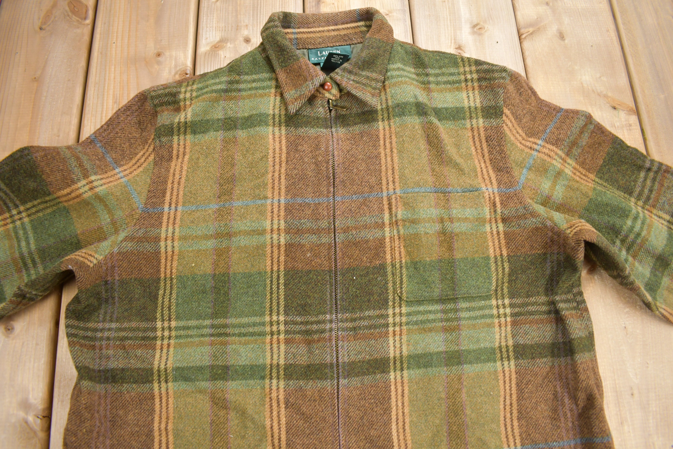 Ralph Lauren wool check Jacket 90’s OLD Vintage 1990s Lauren Ralph Lauren Wool Zip Flannel / Light
