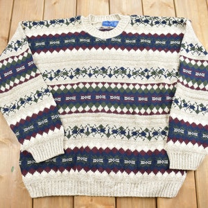 Vintage 1990s Town Craft Knitted Sweater / Vintage 90s Crewneck / Pattern Sweater / Outdoorsman / Pullover Sweatshirt / Made in USA