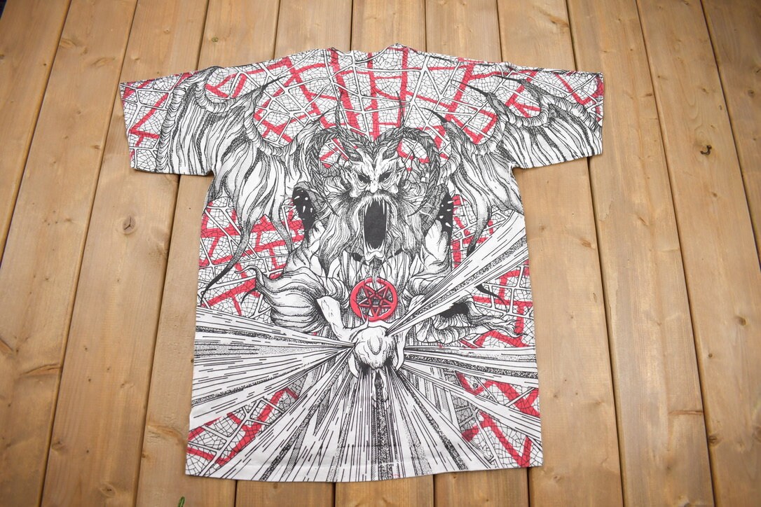 Vintage 1990s Morbid Rags Demon Graphic All Over Print T-shirt