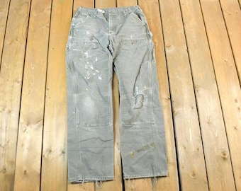 Vintage 1990s Carhartt Double Knee Olive Grey Denim Riveted Work Pants Size 33 x 34 / Carpenter Pants / Made In USA / Distressed Carhartt