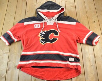 Vintage 1990s Calgary Flames Old Time Hockey Hoodie Crewneck Sweatshirt / Made In USA / Vintage Sportswear / Embroidered / Hockey
