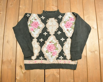 Vintage Beldoch Popper Knitted Floral Mock Neck Sweater / Vintage 90s Crewneck / Floral Pattern Sweater / Pullover Sweatshirt