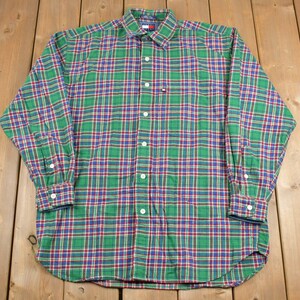 Vintage 1990&#39;s Tommy Jeans Button Up Shirt / 1990&#39;s Button Up / Vintage Flannel / Casual Wear / 90s Tommy / Pattern Button Up / Flag