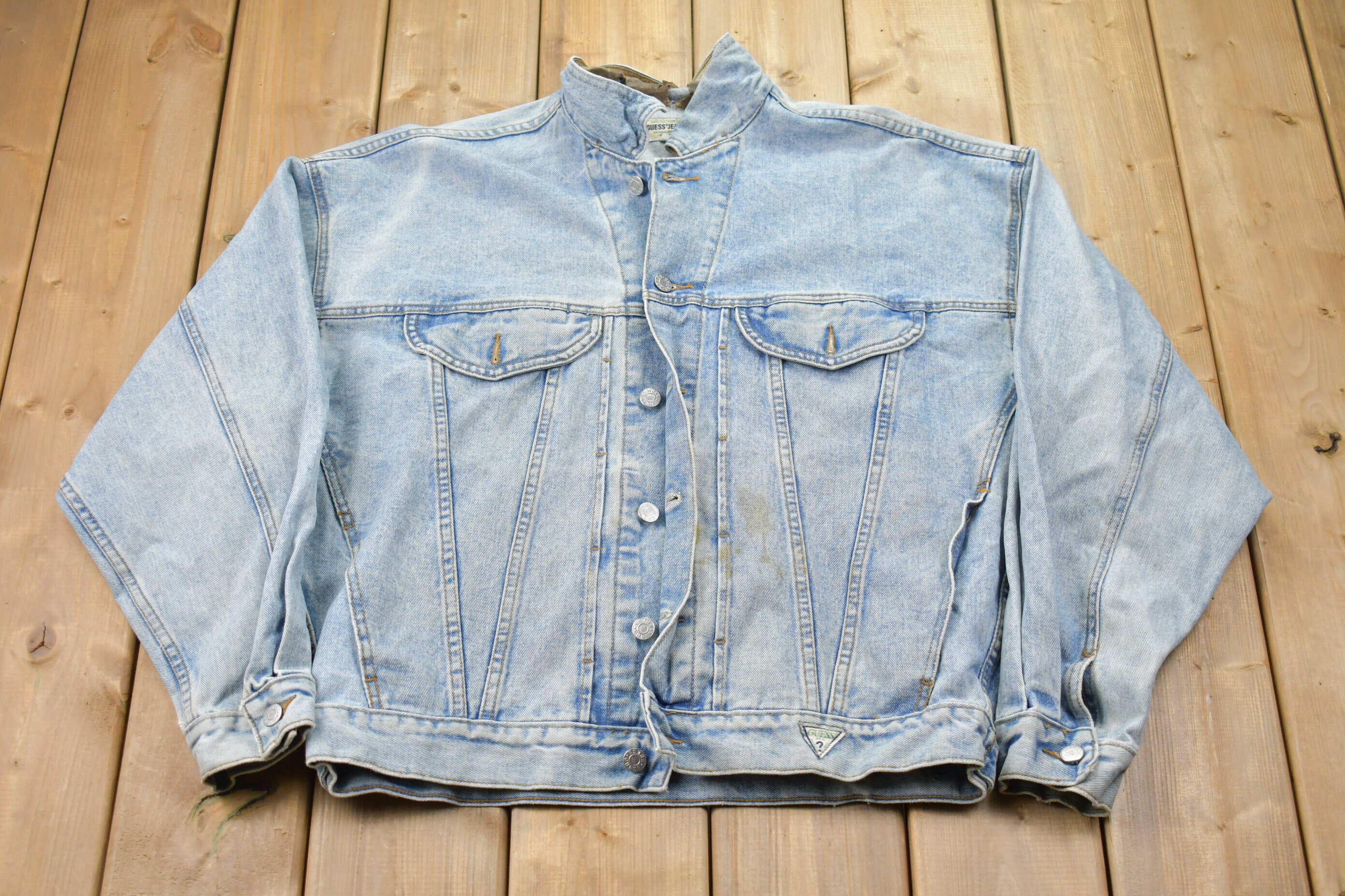 Vintage 90s Guess Jeans Denim Trucker Jacket Plush Spellout Supreme