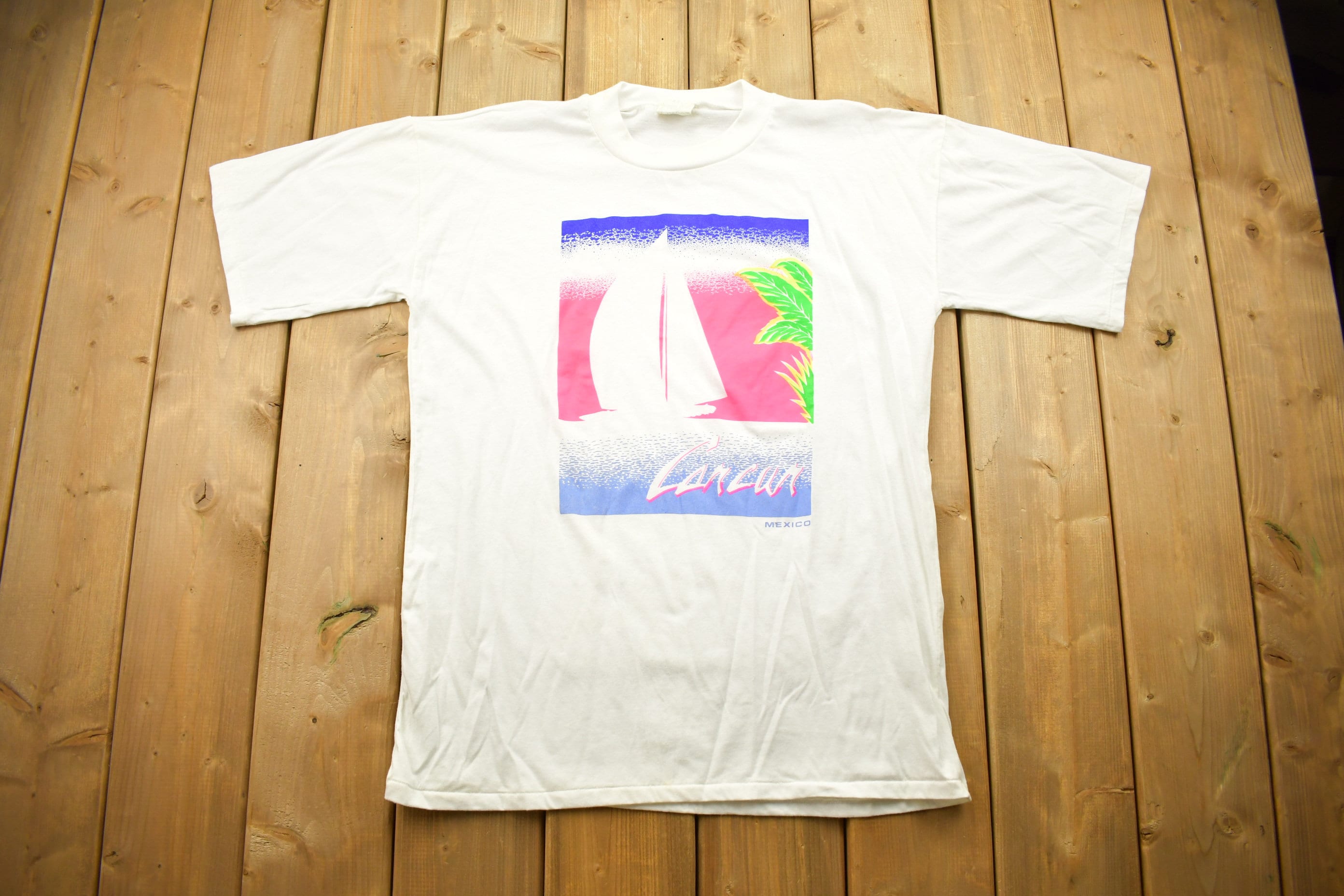Vintage 1990s Cancun Mexico Souvenir T Shirt / Sailboat Print 