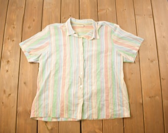 Vintage 1990s Alfred Dunner Colorful Striped Button Up Shirt / 1990s Button Up / Vintage Flannel / Basic Button Up / Made In USA
