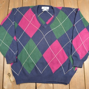 Vintage 1990s Pringle Knit V Neck Sweater / Argyle Sweater / Colourful Sweatshirt / Pringle