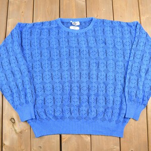 Pode incluir: Um suéter azul com um padrão geométrico. O suéter tem gola redonda e mangas compridas.