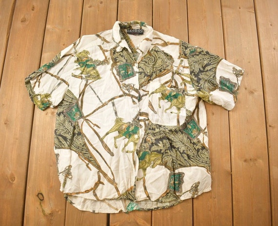 Vintage 1990s Knights And Horses Themed Button Up… - image 1