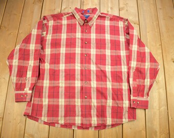 Vintage Pendleton Plaid Button Up Dress Shirt / Red Plaid dress Shirt / Lightweight Flannel / Pendleton Shirt / Pendleton Woolen Mills
