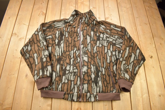 Vintage 1990s Cabela's Tree Bark Camo Fleece Sweater / Made in USA