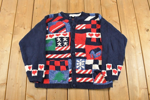 Vintage 1990s Alexandra Bartlett Grandma All Over Print Knit Cardigan Sweater Women's M / Button Up Sweatshirt / AOP Pattern