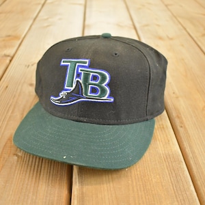 Könnte beinhalten: Eine schwarze Baseballkappe mit grünem Schirm. Die Kappe zeigt die Buchstaben "TB" in Grün und Blau mit einem stilisierten Rochen-Logo. Auf einem Holzgrund.