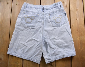 Vintage 1990s Disney Süß Micky und Minnie Maus Denim Jeans Shorts Größe 38 / 90s Shorts / Mickey Mouse / Bottoms / Light Wash / Jorts