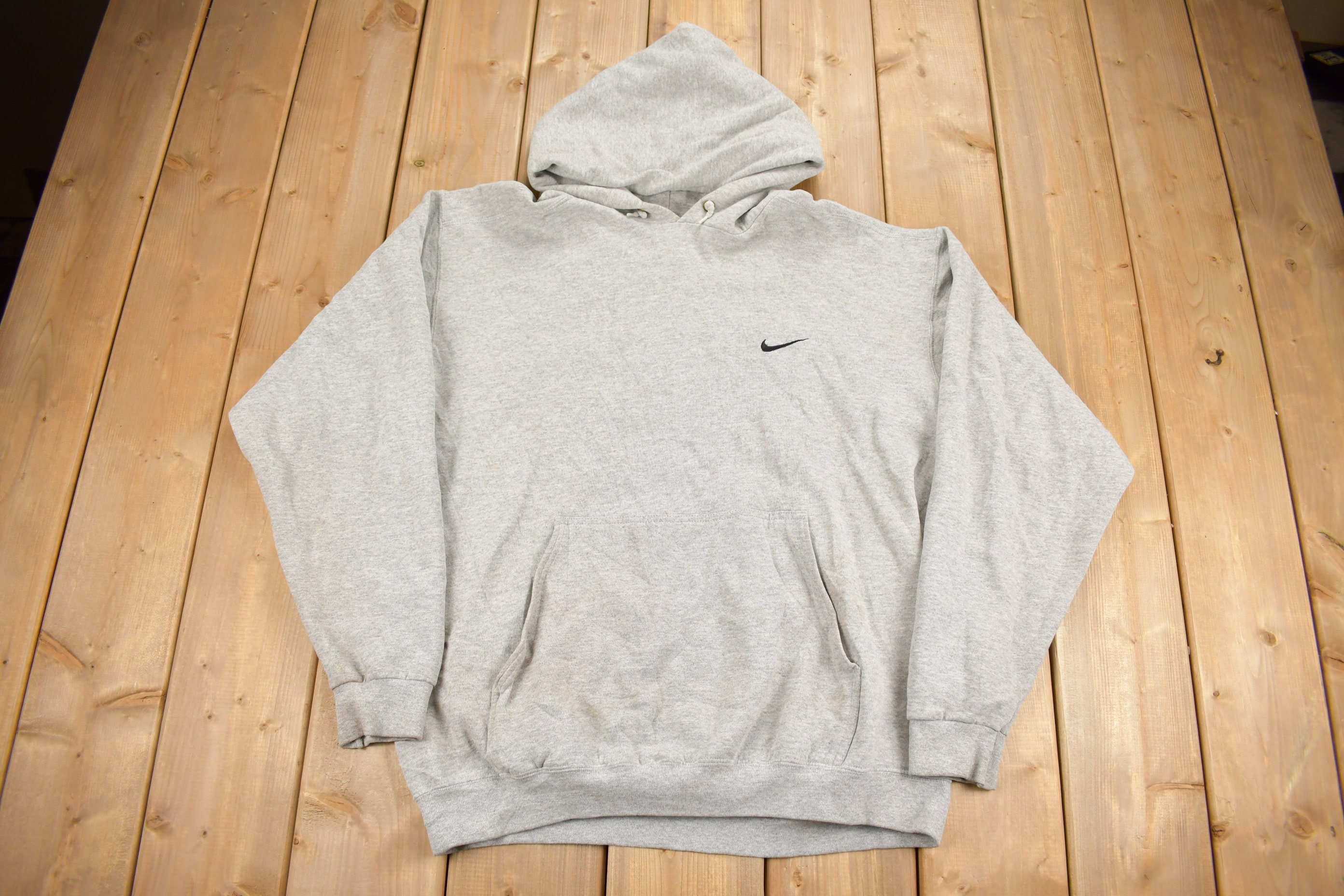 Vintage 1990s Nike Heather Grey Mini Swoosh Hoodie / Made in Vintage 1990s Nike Heather Grey Mini Swoosh Hoodie / Made in