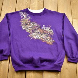 Vintage 1990s Nature Graphic Crewneck Sweater  / Vintage Purple Sweatshirt / Animal Print / Wilderness & Outdoors / Basic Editions