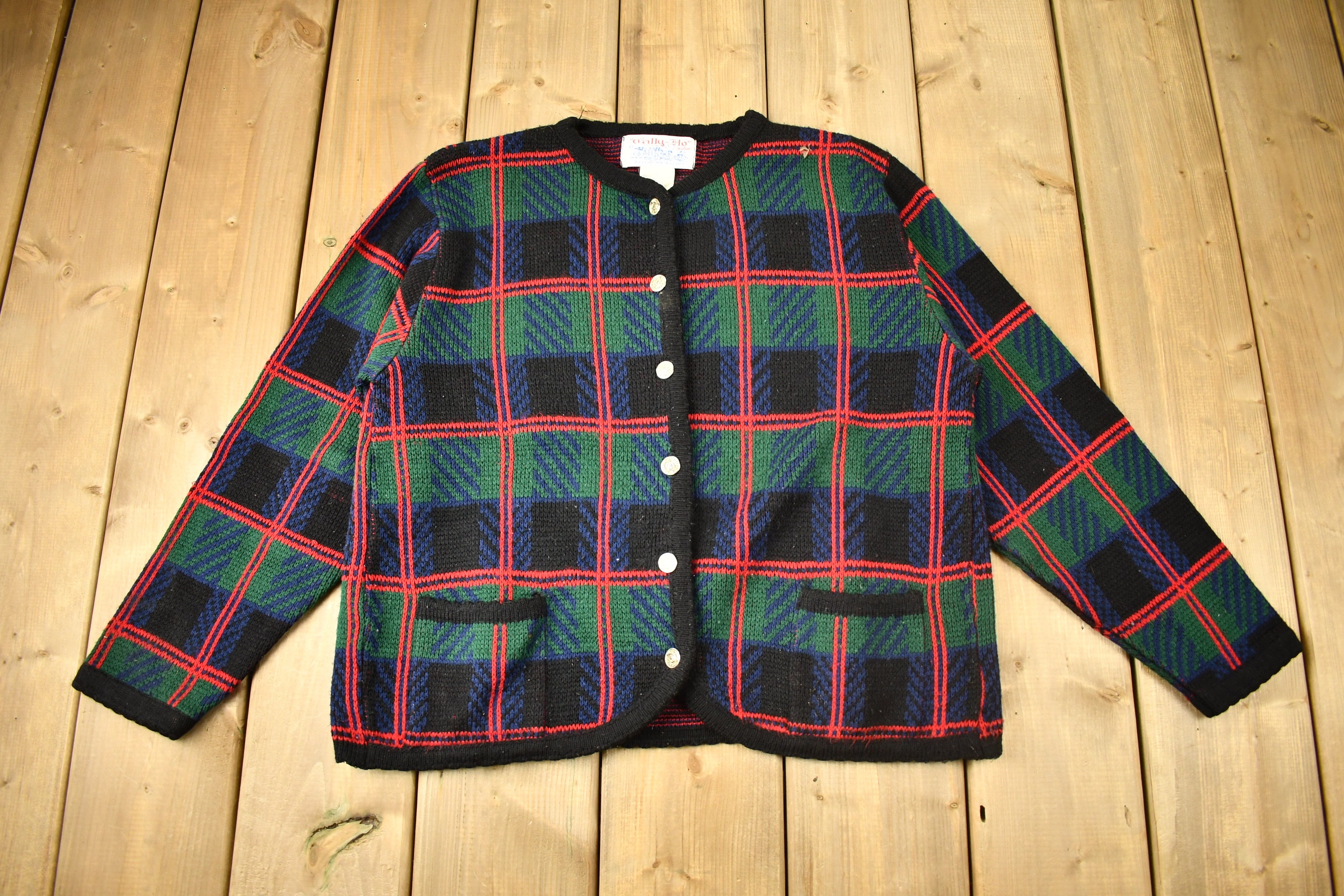 Vintage 1980s Tally-ho Creation 100% Acrylic Knit Cardigan Sweater 