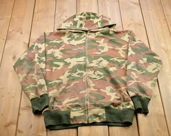 Vintage 1990s Distressed Camouflage Zip Up Hoodie / 90s Hoodie / Vintage Sweater / Color Block / Camo Zip Up / Camo Hoodie / Camo Sweater