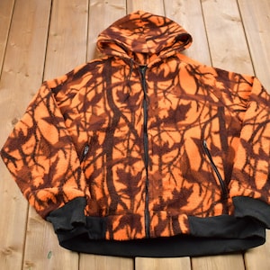 Vintage 1990s Cabela&#39;s Orange Camo Fleece Zip Up Hoodie / Outdoorsman / 90s Sweater / Streetwear / Hiking / Fleece Zip up / Orange Camo