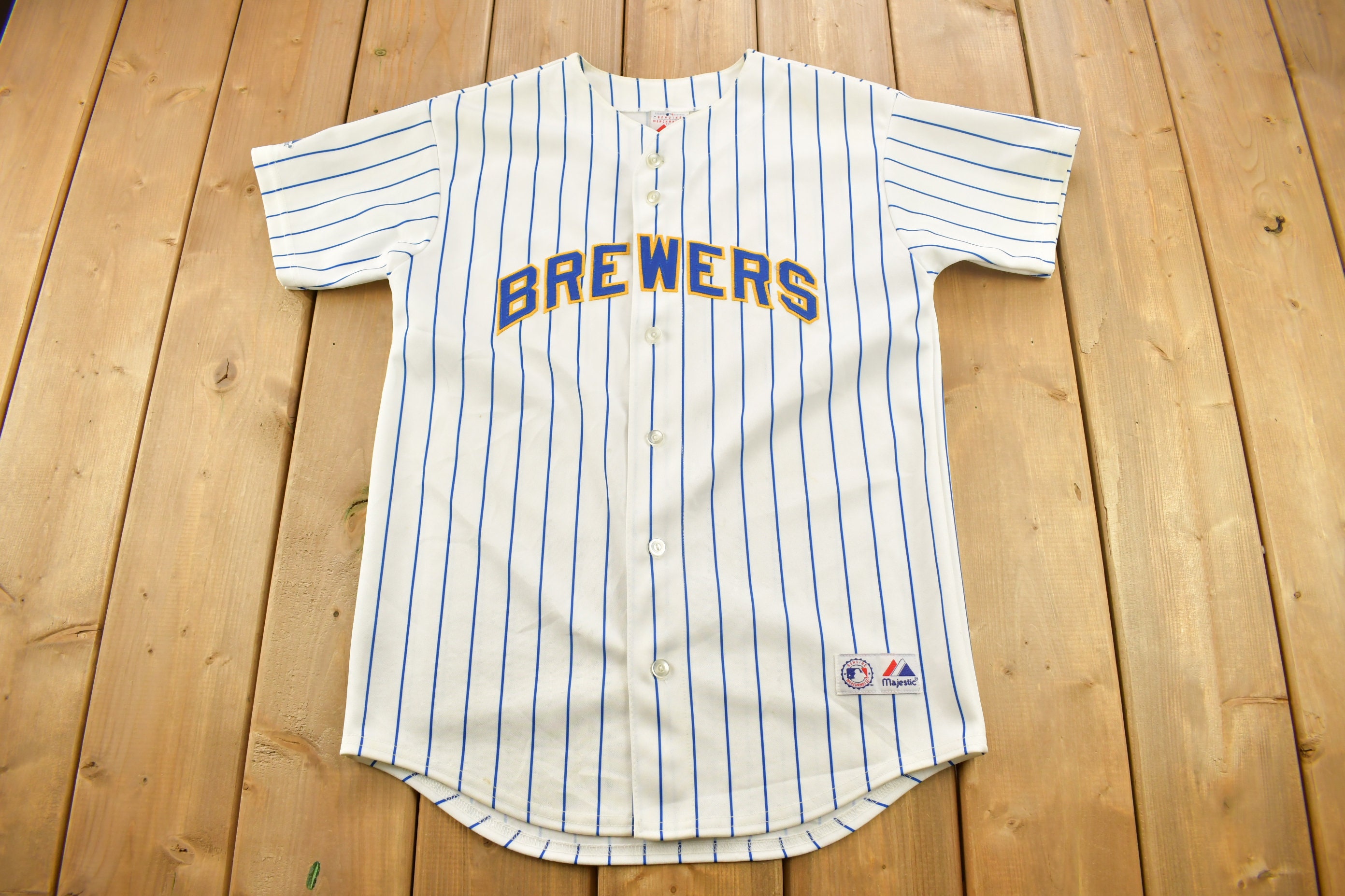 Vintage 1990s Milwaukee Brewers MLB Baseball Majestic Jersey / 90s Jersey / Sportswear / Patchwork / Pin Stripe Jersey / Made in USA