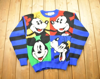 Vintage 1990s Disney Mickey Mouse Skiing Knit Sweater 3D Knit 