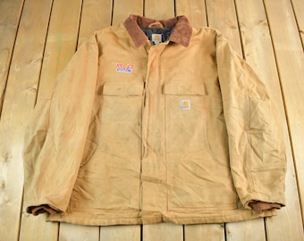 Vintage 2000s Carhartt Canvas Work Jacket Mens 3XL / Distressed Sun Faded / Y2K Coat / Beige Workwear Coat
