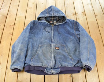 Vintage 1990s Rasco Denim Plaid Lined Fire Resistant Hooded Jacket Men's 2XL / FR Jacket / 90s Workwear / Distressed Sun Faded / Workwear