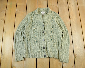Vintage 2000s Northern Reflections Knit Cardigan Sweater Women's Medium / Cute Floral Knitted Top / Y2K Grandma Cottage Core