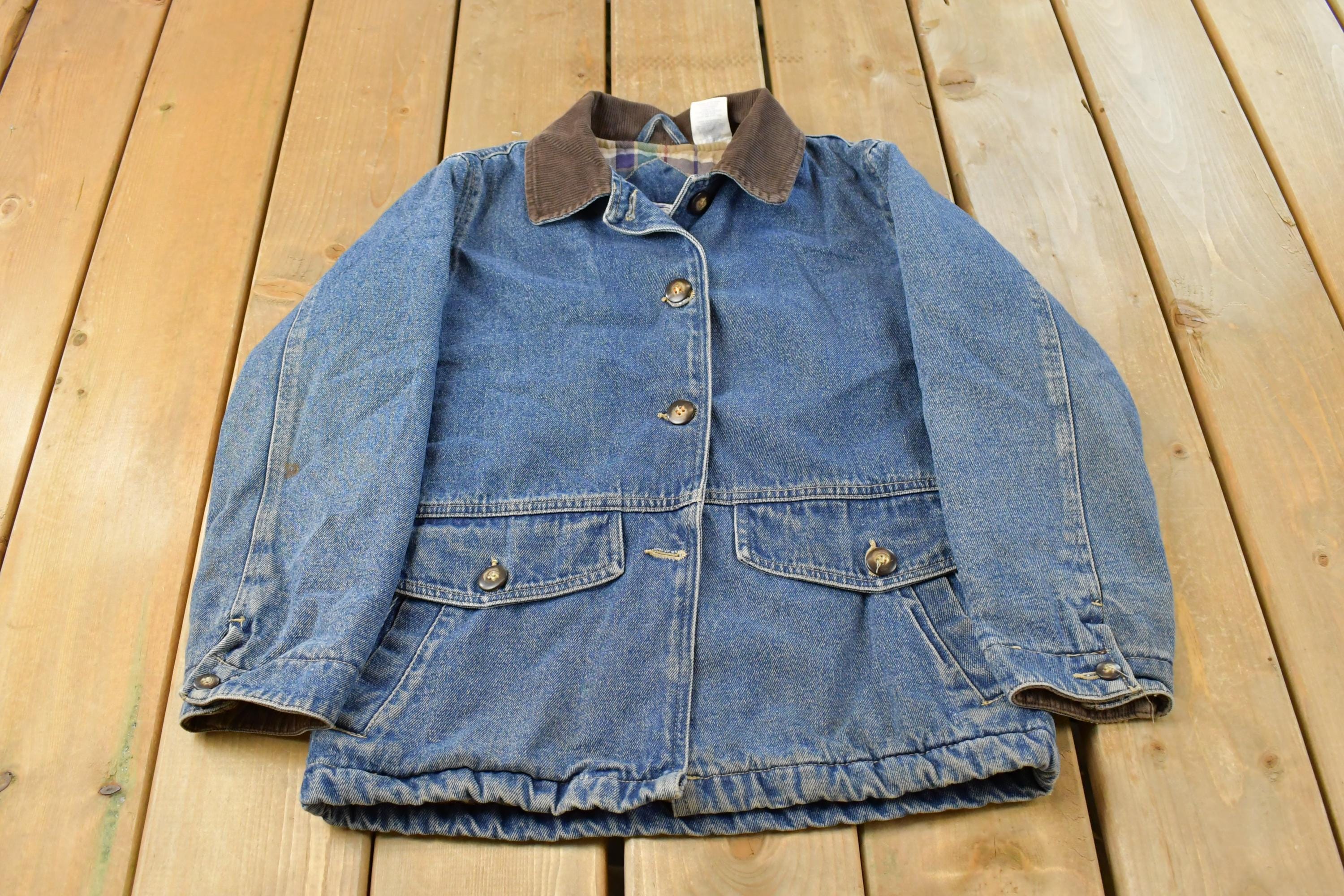 Vintage 1990s Arizona Plaid Lined Denim Jean Chore Coat Youth S / Corduroy Accents / 90s Denim / Outdoors / Barn Jacket